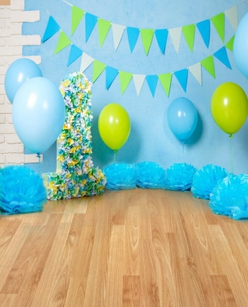 Baby Boy First 1 Year Old Happy 1st Birthday Wood Backdrop With Balloon