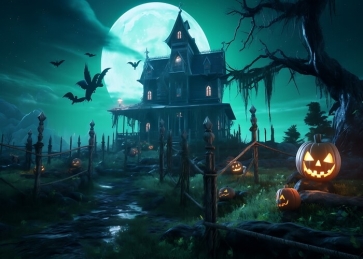 Wooden House Castle Moon Pumpkin Halloween Backdrop 