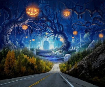 Road Through Scary Pumpkins Bat Forest Vinyl Halloween Backdrops