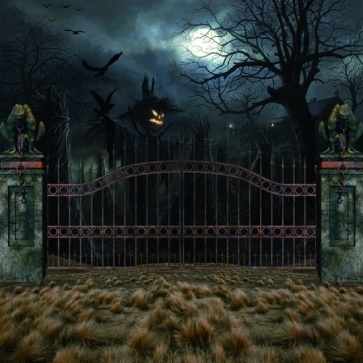 Black Scary Scarecrow Iron Fence Vinyl Halloween Backdrops