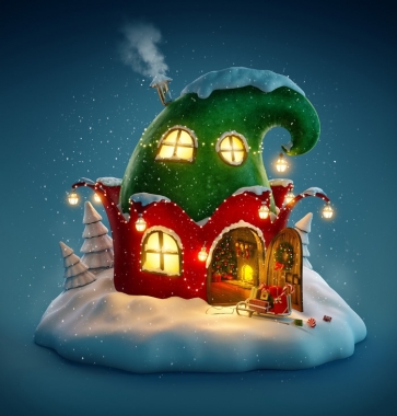 Red Green Hat House in Fairy Tale Christmas Party Picture Backdrop for Children