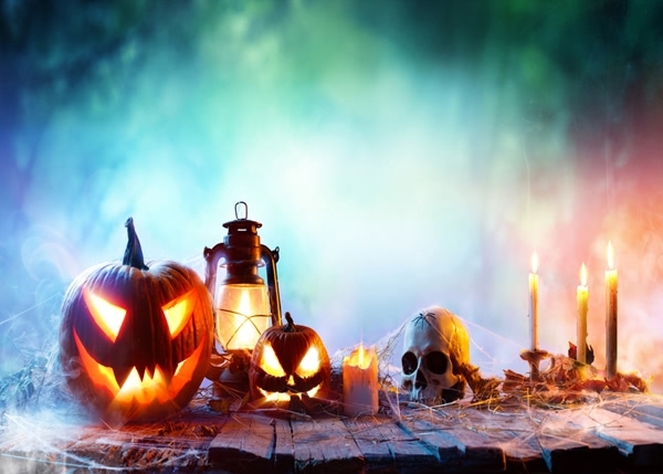 Halloween Skull Pumpkin Lanterns Candles on Wood Floor Photography ...